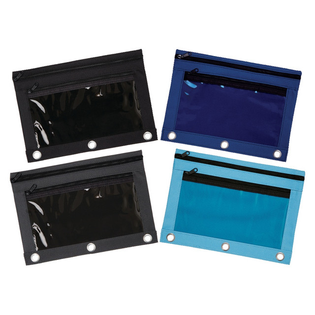 This pencil pouch fits most standard 3-ring binders, so your supplies go wherever you do. The clear design lets you quickly take a peek at whats inside so you know if you are missing something or if you need to stock up.  Durable pouch can hold scissors and other objects without tearing.  Reinforced metal holes fit most standard 3-ring binders and wonT tear out.  Clear PVC window for easy viewing of contents.  Product is available in multiple colors, option for color selection not available.