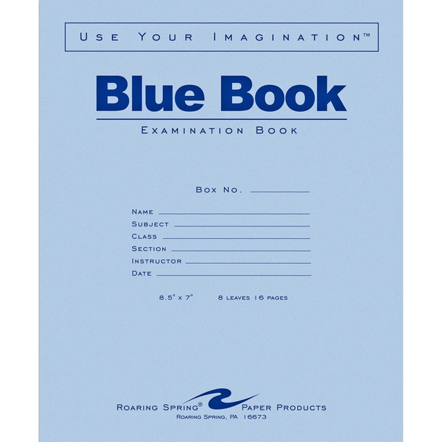 Write exam essays in this Roaring Springs Blue Book exam booklet. The stapled binding secures the sheets in place to make sure work stays together, while the wide-ruled construction offers room for easy readability. The eight sheets in this Roaring Springs Blue Book exam booklet offer enough space to convey your ideas.  Wide-ruled for easy reading.  Compact size allows easy carrying.  Page dimensions of 7inW x 8 1/2inL.  Stapled design for a secure hold.  Ideal for short writing assignments.
