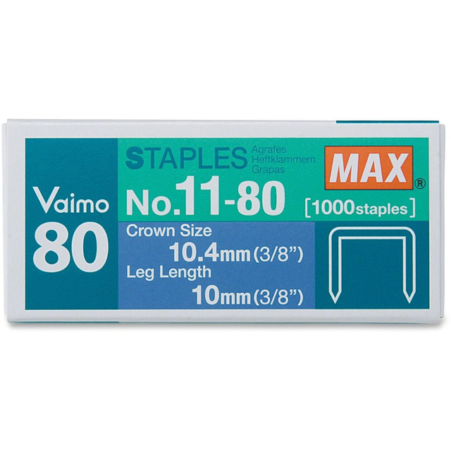 MAX USA CORP. NO1180 MAX Vaimo 80 Stapler Replacement Staples - 3/8in Leg - 3/8in Crown - Silver - 1000 / Box MAX USA CORP. NO1180 MAX Vaimo 80 Stapler Replacement Staples - 3/8in Leg - 3/8in Crown - Silver - 1000 / Box