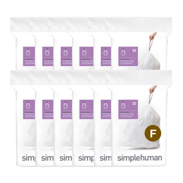 SIMPLEHUMAN LLC CW0256 simplehuman Custom-Fit Trash Can Liners, Code F, 0.025-mil, 6.6 Gallons, 20in x 21in, White, Pack Of 240 Liners