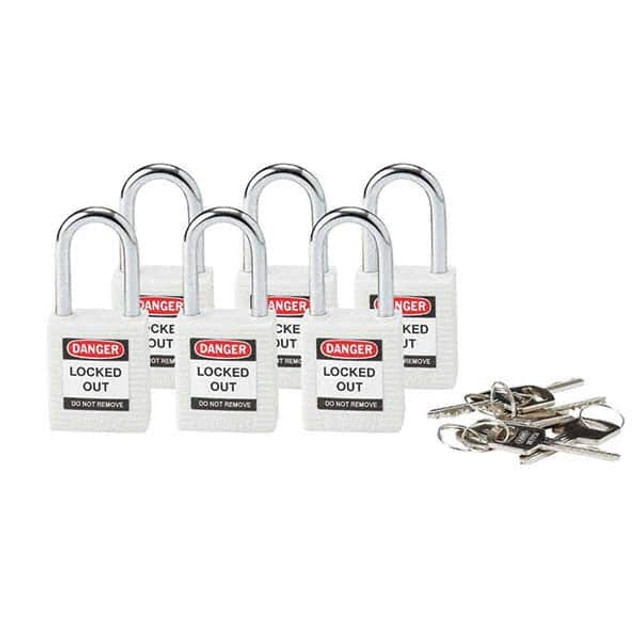 Brady 118925 Lockout Padlock: Keyed Different, Key Retaining, Nylon, Nylon Shackle, White