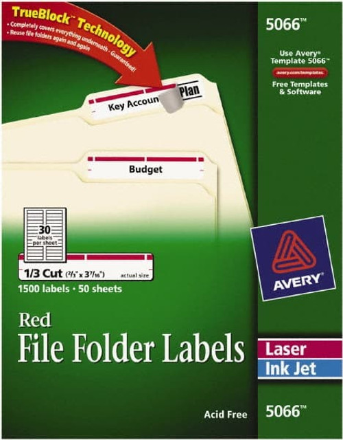 AVERY 05066 Label Maker Label: White, Paper, 3-7/16" OAL, 21/32" OAW, 1,500 per Roll