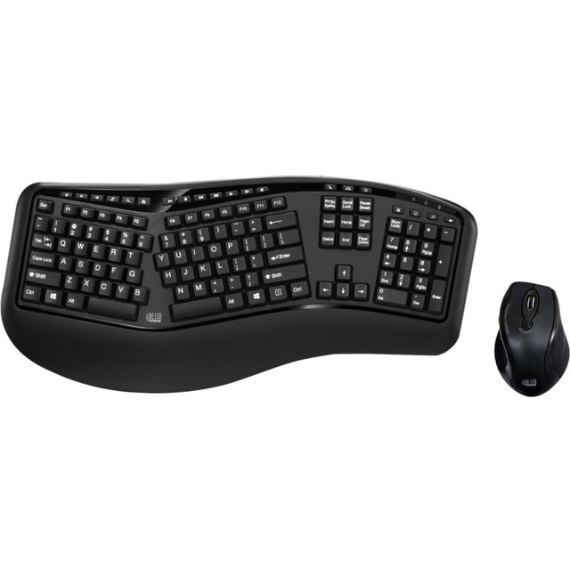 The Adesso keyboard and laser mouse set in black from Tru-Form is wireless to eliminate the need for messy cords. This wireless ergonomic keyboard and laser mouse has a 1600 dpi resolution for precise navigation.  Offers plug and play interface PC.  Using cordless RF you can control your Computers from a distance.  Features laser 1600 dpi resolution for smoother movement and as a result, you get hassle-free performance  Provides 2 advanced input devices in an ergonomic design, with mult-functional features and a long wireless range.  Mouse has 2 Internet navigation buttons.  Features split key zones and a gently sloped shape.  Encourages natural hand, wrist and forearm positions.  Comfortable for long-term use.  Includes wireless laser mouse equipped with a DPI switch to change resolution.