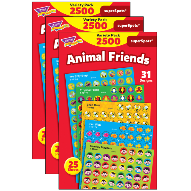 EDUCATORS RESOURCE T-46915-3 Trend SuperSpots Stickers, Animal Friends, 2,500 Stickers Per Pack, Set Of 3 Packs