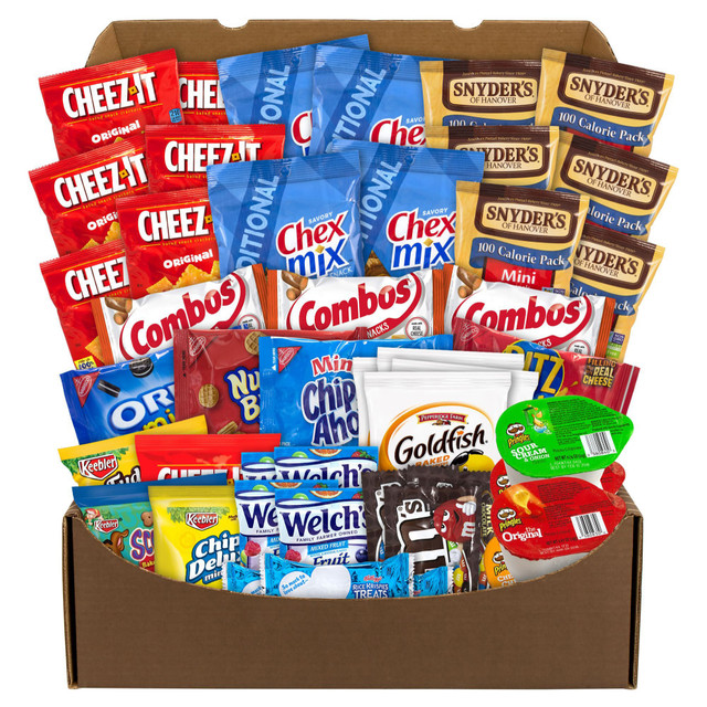 You canT start having a good time without this Party Snacks Box! Great for your next gathering, event or party, this crunchy snack assortment box is packed with all sorts of delicious, individually serving snacks! With Welchs Fruit Snacks, M&M Candies, Goldfish Crackers, Nabisco Cookies/Crackers, Keebler Cookie/Cracker, Sunshine Cheez-It, Chex Mix, Snyders Pretzels, Pringles Variety, Combos, Rice Krispies Treat, theres something for the snack and chocolate lovers at your party! This Party Snacks Box is great for hosting or bringing to a party, or even for your next employee party at the office! Products may vary by flavor per brand and substitutions may be made due to availability.  Party Snacks Box is an assortment of 45 handpicked snacks in an easy to display snack box  Includes: Welchs Fruit Snacks, M&M Candies, Goldfish Crackers, Nabisco Cookies/Crackers, Keebler Cookie/Cracker, Sunshine Cheez-It, Chex Mix, Snyders Pretzels, Pringles Variety, Combos, Rice Krispies Treat  This snack box has sweet, salty, chewy and chocolatey treats to satisfy all preferences  Products may vary by flavor per brand and substitutions may be made due to availability