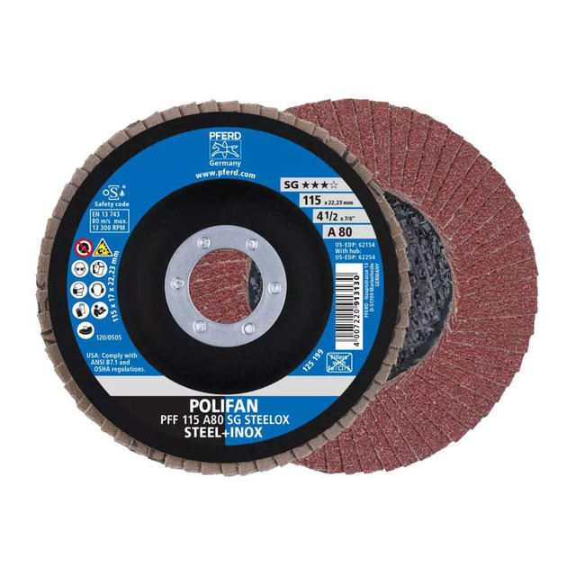 PFERD 62154 Flap Disc: 7/8" Hole, 80 Grit, Aluminum Oxide, Type 27