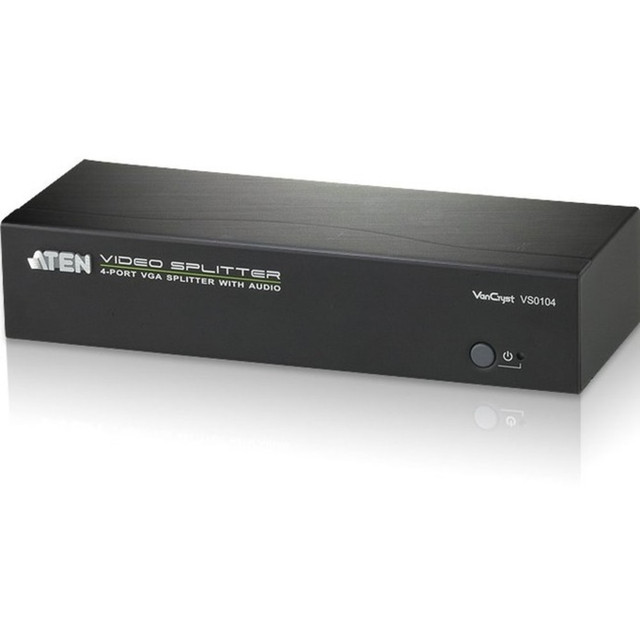 ATEN TECHNOLOGIES VS0104 ATEN 4-Port VGA Splitter with Audio - 450 MHz to 450 MHz - Audio Line In - Audio Line Out - Serial Port - VGA In - VGA Out ATEN TECHNOLOGIES VS0104 ATEN 4-Port VGA Splitter with Audio - 450 MHz to 450 MHz - Audio Line In - Audio Line Out - Serial Port - VGA In - VGA Out