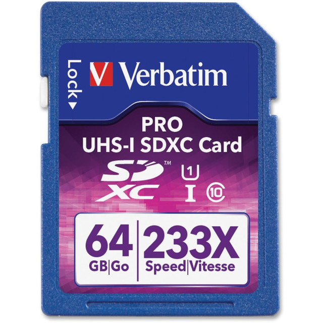 Verbatim Pro 233X UHS-1 SDXC Memory Cards offer ground breaking performance for the professional or enthusiast photographer. Premium grade components and advanced controller technology maximize your digital experience while delivering the quality and reliability you've come to know from the Verbatim brand. Featuring UHS-1 Interface (Ultra High Speed Interface) supporting host device bus speeds up to 104MB/second, the Verbatim Pro 233X series memory cards maximize your ability to capture, offload and process your digital photography. Transfer speeds up to 233X (35MB/sec) means less time spent in the studio offloading photos, and more time behind the viewfinder capturing great fast action sequence bursts or 1080p high definition video. Class 10 rated for standard HS (High Speed) interface equipped host devices. Write protect switch prevents accidental deletion.