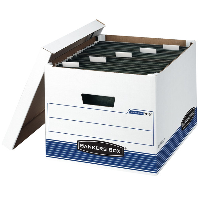 FELLOWES INC. 785 Bankers Box Hang"Nstor Medium-Duty Storage Boxes With Lift-Off Lids And Built-In Handles, 15 1/2in x 12in x 10in, Letter/Legal Size, 60% Recycled, White/Blue, Case Of 4