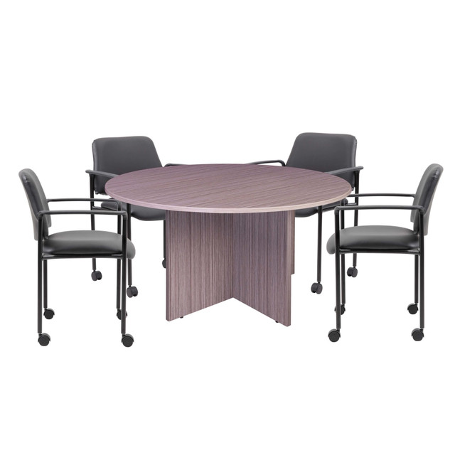 NORSTAR OFFICE PRODUCTS INC. GROUP127DW-D Boss Office Products Round Table And 4 Stackable Guest Chairs Set, Driftwood/Black