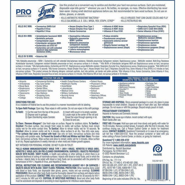 Reckitt Benckiser plc Lysol 99857CT Lysol Professional Disinfecting Wipes Reckitt Benckiser plc Lysol 99857CT Lysol Professional Disinfecting Wipes