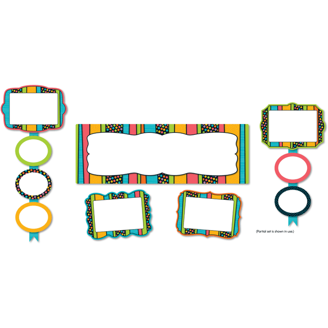 Provide a stylish look with this 53-piece set. With a header, large frames and student pieces, you can help create a productive environment right away.  Includes a header, 10 large frames, 30 student pieces and 12 ribbon strips.  Set up a structured environment and culture within the classroom by promoting productivity, enthusiasm and creativity.  Header measures 23 1/4in x 8in to grab students attention.  For pre-kindergarten to 5th grade.