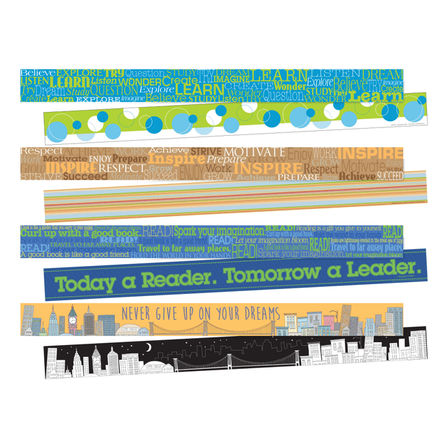 Creating an inviting classroom is an easy way to engage students. This colorful set comes with 3in x 35in pieces that can be used to decorate your bulletin board, whiteboard or door frame.  Surround your bulletin board, window or door frame or desk area with these colorful, decorative strips.  Made of durable cardstock to last the entire academic year.  Double-sided design with coordinating prints.  Includes 3in x 35in strips.  Includes enough strips to offer 70ft of border.