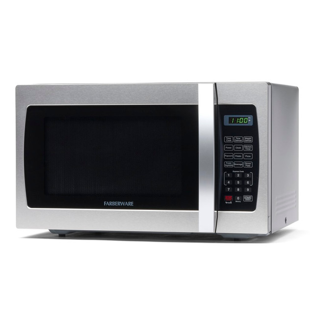 Easily cook, reheat or defrost foods in the Farberware Professional 1.3 Cu Ft Countertop Microwave Oven. This sleek stainless-steel and black design comes with 10 cooking levels with different functions for foods like popcorn, pizza, beverages, frozen vegetables and dinner plates to fully customize cooking to your needs. With express cooking times, you will have ease in the kitchen while adding time efficiently with the +30 sec. button.  Sized to fit your kitchen counter with 1.3 cu ft of cooking capacity.  10 different cooking levels to customize cooking experience.  Memory function stores settings to call up for future meals.  Comes with six 1-touch cooking functions for popcorn, potatoes, pizza, frozen vegetables, beverages or a dinner plate.  Express cooking time of 1 to 6 minutes and +30 sec. button to quickly add time to cooking.  Defrost-by-weight or time allows you to plan for family meals and time defrosting accordingly.  Backed by manufacturers 1-year limited warranty.