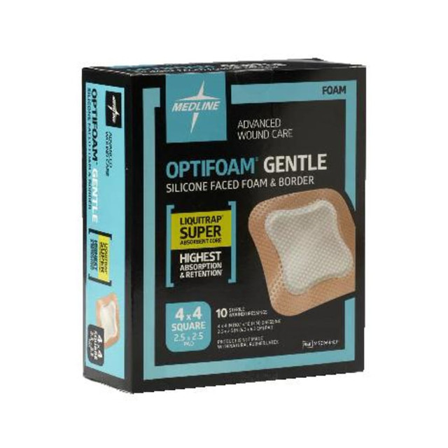 MEDLINE INDUSTRIES, INC. MSC2344EPZ Medline Optifoam Gentle Silicone-Faced Foam & Border With Liquitrap Core Dressings, 4in x 4in, Natural, Box Of 10