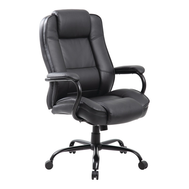 When you have the right chair in your office space, you will be able to focus on projects and presentations. This Boss heavy-duty chair provides a stylish and sophisticated leather seat and padded armrests to help bring a nice touch to your office. The lumbar support feature ensure comfort throughout the day.  Lumbar support.  Waterfall seat cushion.  LeatherPlus material.  Pneumatic seat-height adjustment.  Heavy-duty spring tilt mechanism.  Steel wrap-around arms are padded.  27in brushed metal base.  Large casters.  Assembly required.  Tested to meet ANSI/BIFMA Performance Standards - Manufacturer testing has been conducted on this product to meet specific performance requirements and safety standards set forth by the American National Standards Institute (ANSI) and the Business and Institutional Furniture Manufacturers.  This product is heavy and/or oversized and may need more than one person to handle.