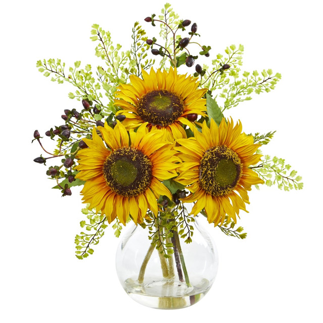 NEARLY NATURAL INC. 1812 Nearly Natural Sunflower 16inH Artificial Floral Arrangement With Vase, 16inH x 15inW x 10inD, Yellow