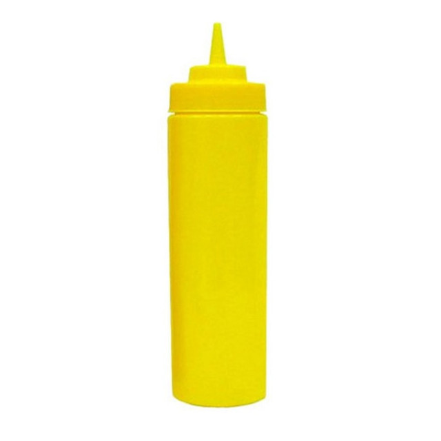 Display condiments in squeeze bottles from Winco for customers to quickly grab. The wide-mouth design makes bottles easy to refill when they run out.  24 oz capacity.  Wide-mouth design for easy refills.  Sturdy plastic construction.  Yellow design is typically used for mustard.