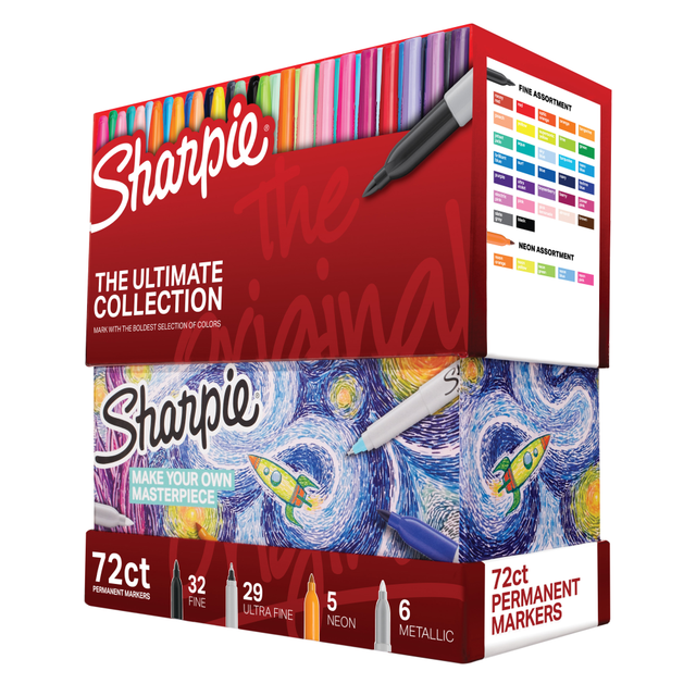 Dare to unleash the ultimate in vividly creative marking with this collectors edition of 72 Sharpie permanent markers. Bold and permanent to the core, your Sharpie ultimate pack includes 32 fine tip and 29 ultra fine tip markers in vivid original colors, 5 luminous neon markers and 6 shimmering metallic markers.  Made to mark practically everywhere, original Sharpie marker colors inspire you to transform ordinary surfaces into vibrant, personal statements.  Not to be outdone, the neon markers create an electrifying impact, glowing fluorescent under black light.  Sharpie metallic markers put pale imitations to shame, laying down a pure metallic sheen that intensely stands out on dark surfaces.  Assorted Sharpies 72-pack features markers in both a bold fine point built for jaw-dropping marks and an incredibly sharp ultra fine point for ridiculous detail. Sharpie permanent markers ignite courageous self-expression.  32 Assorted Fine Point markers  29 Assorted Ultra-Fine Point markers  5 Assorted Fine Point Neon markers  6 Assorted Fine Point Metallic markers  ACMI Certified AP Nontoxic. For detailed information see www.acmiart.org.  Less harsh chemicals - made with fewer harsh chemicals, or safer chemicals than typical alternatives, helping  reduce your use of and exposure to substances that may be more harmful to your health and the environment.
