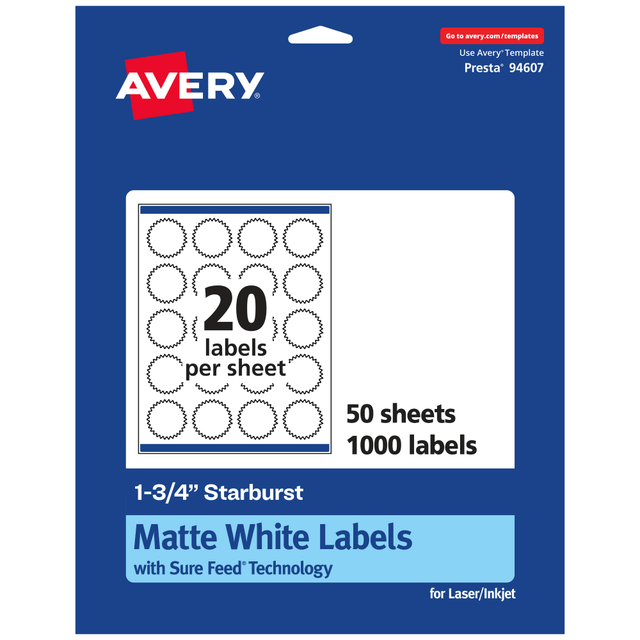 AVERY PRODUCTS CORPORATION 94607-WMP50 Avery Permanent Labels With Sure Feed, 94607-WMP50, Starburst, 1-3/4in, White, Pack Of 1,000 AVERY PRODUCTS CORPORATION 94607-WMP50 Avery Permanent Labels With Sure Feed, 94607-WMP50, Starburst, 1-3/4in, White, Pack Of 1,000