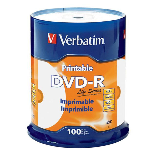 VERBATIM AMERICAS LLC 98491 Verbatim DVD-R 4.7GB 16X Life Series White Inkjet Printable, Hub Printable - 100pk Spindle