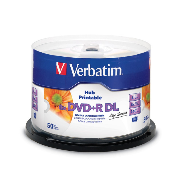 VERBATIM AMERICAS LLC Verbatim 97693  DVD+R DL 8.5GB 8X White Inkjet Hub Printable 50pk Spindle