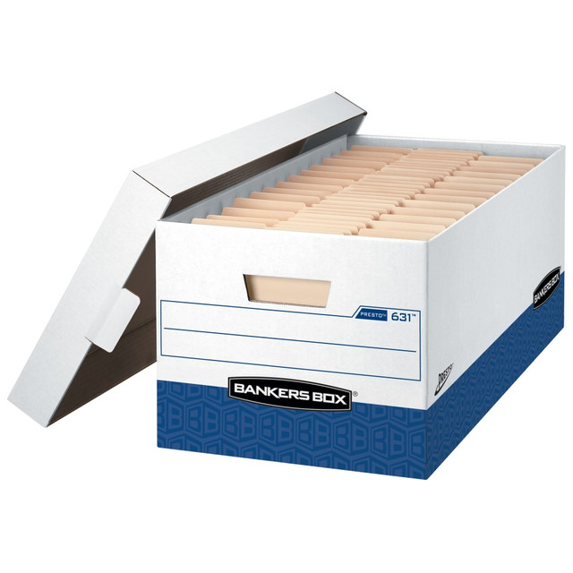 FELLOWES INC. 0063101 Bankers Box Presto Heavy-Duty Storage Boxes With Locking Lift-Off Lids And Built-In Handles, Letter Size, 24in x 12in x 10in, 60% Recycled, White/Blue, Case Of 12 FELLOWES INC. 0063101 Bankers Box Presto Heavy-Duty Storage Boxes With Locking Lift-Off Lids And Built-In Handles, Letter Size, 24in x 12in x 10in, 60% Recycled, White/Blue, Case Of 12