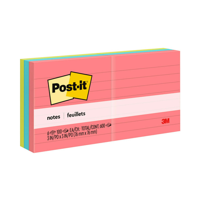 3M CO Post-it 630-6AN  Notes, 3 in x 3 in, 6 Pads, 100 Sheets/Pad, Clean Removal, Poptimistic Collection, Lined