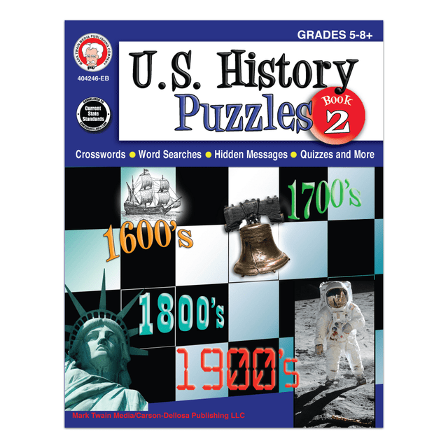 Make learning fun with puzzle-based activities that help kids understand American history. Word searches, crosswords and hidden messages provide an engaging way to study everything from early exploration to contemporary events.  Crosswords, puzzles, word searches and hidden messages provide an engaging supplement to U.S. history and social studies lessons.  Expansive coverage includes early North American exploration to U.S. involvement in the Middle East.  Designed for students in 5th to 8th grade.