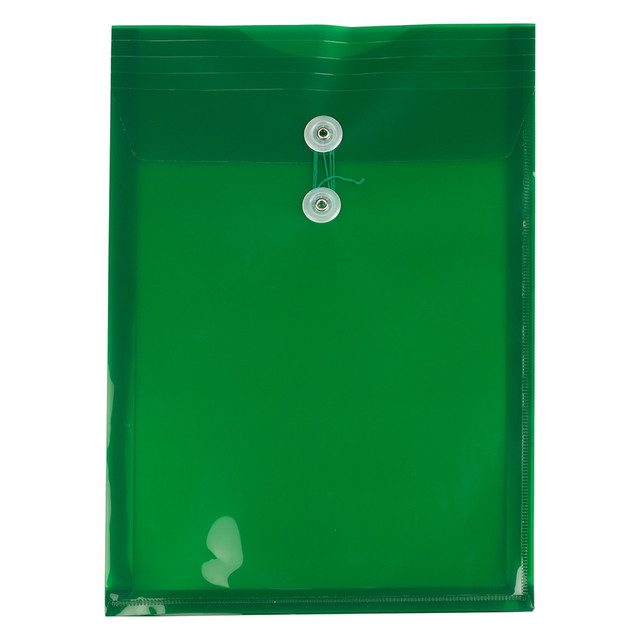 JAM PAPER AND ENVELOPE JAM Paper 119B1GR  Open-End Plastic Envelopes, Legal-Size, 9 3/4in x 14 1/2in, Button & String Closure, Green, Pack Of 12