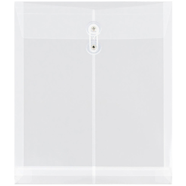JAM PAPER AND ENVELOPE 118B1CL JAM Paper Open-End Plastic Envelopes, Letter-Size, 9 3/4in x 11 3/4in, Button & String Closure, Clear, Pack Of 12 JAM PAPER AND ENVELOPE 118B1CL JAM Paper Open-End Plastic Envelopes, Letter-Size, 9 3/4in x 11 3/4in, Button & String Closure, Clear, Pack Of 12
