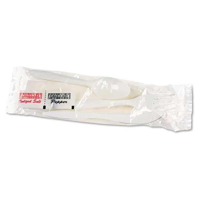 BOARDWALK BWK6KITMW  6-Piece Cutlery Kits, Polypropylene, White, Pack Of 250 Kits