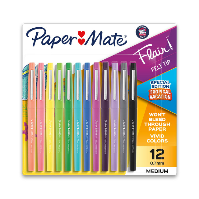 Enjoy a great writing experience every time thanks to a plastic collar that prevents the tip from fraying. These Paper Mate pens use an acid-free, water-based ink that guards against bleed-through, so theres no need to worry about unwanted marks.  These porous-point pens are ideal for writing and drawing every day.  Felt tip provides bold and expressive lines that stand out on the page.  Water-based ink wonT bleed through paper.  Bright, vivid ink glides on smoothly and dries in a flash to resist smearing and skipping.  Write with ease using a comfortable grip.  The sleek barrel tapers at the base for superior comfort and control. A click-seal cap keeps the tip fresh and moist and includes a metal pocket clip that makes it easy to carry.  Acid free for archival use.  Pens are not refillable.  Add a blast of fun to all your writing with 12 bright colors  Medium Point felt tip (0. 7mm) produces bold, expressive lines to match your personality  Smear- and fade-resistant, so smudges are officially history  Water-based ink won"t bleed through paper so your writing stays put  The point guard prevents the tip from fraying, so the party never stops  Conforms to ASTM D4236 standards. For detailed information see www.astm.org.  ACMI Certified AP Nontoxic. For detailed information see www.acmiart.org.  Less harsh chemicals - made with fewer harsh chemicals, or safer chemicals than typical alternatives, helping  reduce your use of and exposure to substances that may be more harmful to your health and the environment.