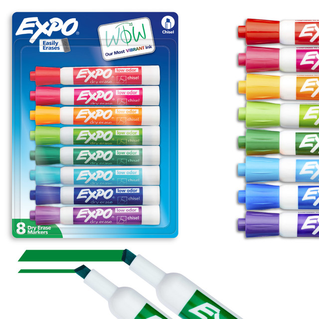 Capture ideas, share information, and organize life with vivid EXPO Dry Erase Markers! Now more vibrant than ever, this collection of EXPO markers helps everything come across clearly-from big ideas to fine details.  Dry erase markers with the most vibrant ink yet from EXPO  Vibrant ink makes it easier to read information from a distance  Made for the whiteboard and beyond, writing pops on most non-porous surfaces like glass, acrylic, and more!  Easily and cleanly erases with an EXPO eraser or dry cloth  Versatile chisel tip creates multiple line widths  ACMI Certified AP Nontoxic. For detailed information see www.acmiart.org.  Less harsh chemicals - made with fewer harsh chemicals, or safer chemicals than typical alternatives, helping  reduce your use of and exposure to substances that may be more harmful to your health and the environment.