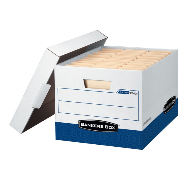 FELLOWES INC. 724303 Bankers Box R Kive FastFold Heavy-Duty Storage Boxes With Locking Lift-Off Lids And Built-In Handles, Letter/Legal Size, 15D x 12in x 10in, 60% Recycled, White/Blue, Case Of 4 FELLOWES INC. 724303 Bankers Box R Kive FastFold Heavy-Duty Storage Boxes With Locking Lift-Off Lids And Built-In Handles, Letter/Legal Size, 15D x 12in x 10in, 60% Recycled, White/Blue, Case Of 4