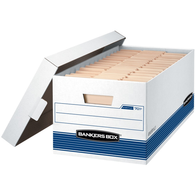 FELLOWES INC. 70104 Bankers Box Stor/File Medium-Duty Storage Boxes With Locking Lift-Off Lids And Built-In Handles, Letter Size, 24in x 12in x 10in, 60% Recycled, White/Blue, Case Of 4, FEL0070104