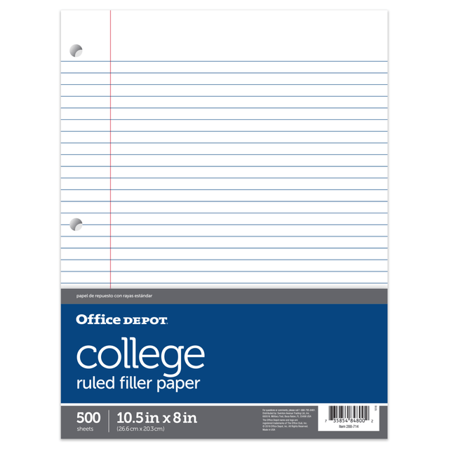 3-hole-punched Office Depot notebook filler paper fits most standard binders. Take notes and keep them organized with this lined paper.  16-lb paper weight is ideal for everyday use.  Ruled for neater notes.  Comes in a convenient moisture-resistant poly wrap.  Notebook paper with college-ruled lines.  White filler paper comes in a pack of 500 sheets.  Remote learning from anywhere is easier with the right essentials.