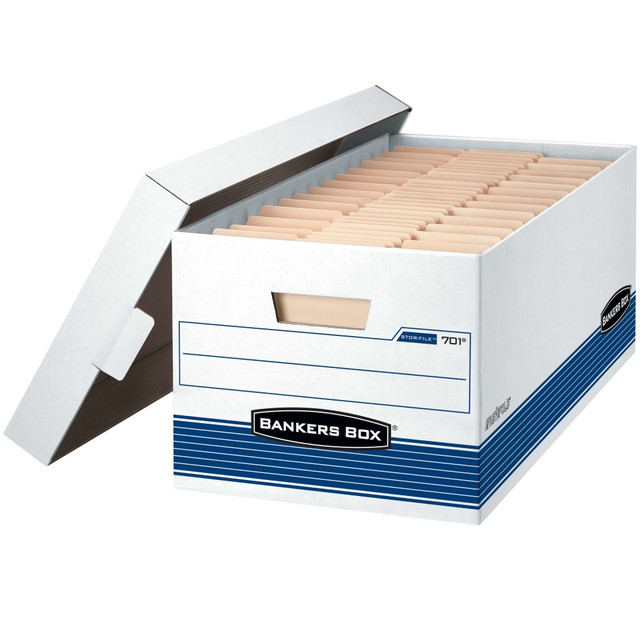 FELLOWES INC. 70205 Bankers Box Stor/File Medium-Duty Storage Boxes With Locking Lift-Off Lids And Built-In Handles, Legal Size, 24in x 15in x 10in, 60% Recycled, White/Blue, Case Of 4 FELLOWES INC. 70205 Bankers Box Stor/File Medium-Duty Storage Boxes With Locking Lift-Off Lids And Built-In Handles, Legal Size, 24in x 15in x 10in, 60% Recycled, White/Blue, Case Of 4