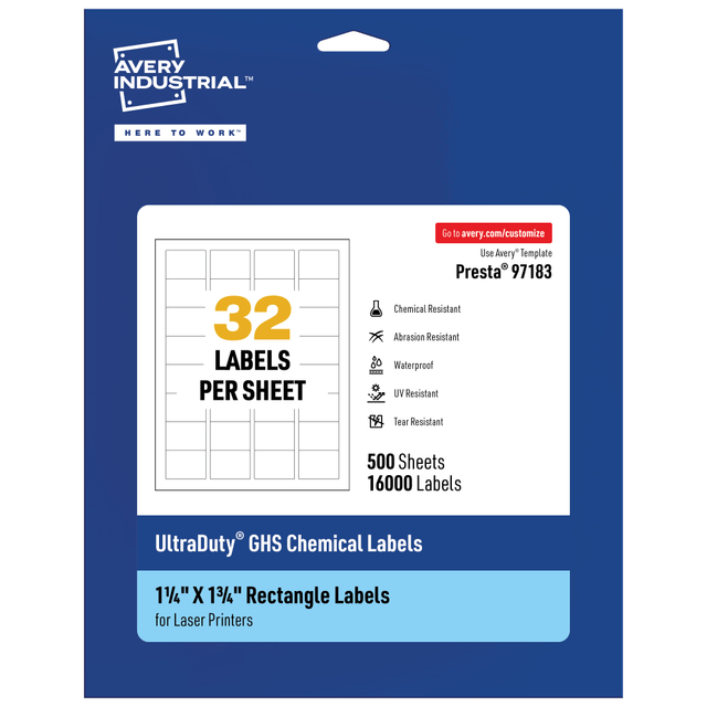 AVERY PRODUCTS CORPORATION 97183-WMU500 Avery Ultra Duty Permanent GHS Chemical Labels, 97183-WMU500, Rectangle, 1-1/4in x 1-3/4in, White, Pack Of 16,000