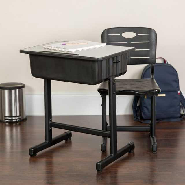 Provide learners with a dedicated space for their lessons and work. This desk and chair set from Flash Furniture features grooves for writing implements, the ability to adjust the height and book bag hooks, so students can create a personalized space.  Metal pedestal frame provides structure and support.  23-5/8in x 17-3/4in high-pressure laminate top delivers a smooth and durable surface for writing and schoolwork.  Desk features a book box and pencil grooves for a comfortable and customizable space to learn.  Chair can be adjusted in height from 30in to 32-1/2in to suit students of different heights.  Floor caps help prevent tipping as well as reduce noise when moved.  Bag hooks included for convenience.  Weight capacity tested to support 396 lb.  Assembly required.  Suitable as an office home chair or as a Student desk chair.