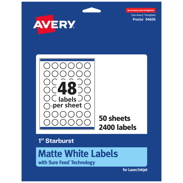 AVERY PRODUCTS CORPORATION 94606-WMP50 Avery Permanent Labels With Sure Feed, 94606-WMP50, Starburst, 1in, White, Pack Of 2,400 AVERY PRODUCTS CORPORATION 94606-WMP50 Avery Permanent Labels With Sure Feed, 94606-WMP50, Starburst, 1in, White, Pack Of 2,400