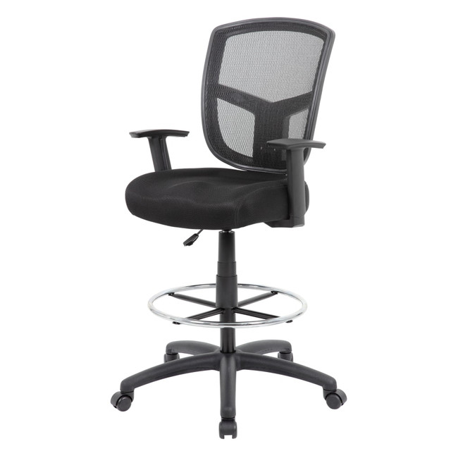 Brainstorm your next big idea from this Boss Contract Mesh Drafting Stool. This drafting stool helps keep you cool and comfortable with a breathable mesh backrest and helps you find an ideal position for working and taking calls with the seat-height, arm-rests and foot ring adjustments. Thanks to the sleek, professional design, this chair blends seamlessly with most types of decor.  Overall Dimensions: 49inH x 27inW x 27inD.  Weight capacity tested to support 250 lb.  Breathable mesh backrest with lumbar support.  4in high-density foam seat cushion with fabric upholstery.  Pneumatic seat-height adjustment.  Adjustable arm rests.  27in nylon base with hooded, double-wheel casters.  Adjustable 20in chrome foot ring.  Assembly required.  Drafting stool comes in black.  Eco-conscious choice - has one or more meaningful eco-attributes or eco-labels.  Tested to meet ANSI/BIFMA Performance Standards - Manufacturer testing has been conducted on this product to meet specific performance requirements and safety standards set forth by the American National Standards Institute (ANSI) and the Business and Institutional Furniture Manufacturers.