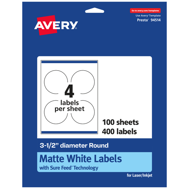 AVERY PRODUCTS CORPORATION 94514-WMP100 Avery Permanent Labels With Sure Feed, 94514-WMP100, Round, 3-1/2in Diameter, White, Pack Of 400 AVERY PRODUCTS CORPORATION 94514-WMP100 Avery Permanent Labels With Sure Feed, 94514-WMP100, Round, 3-1/2in Diameter, White, Pack Of 400