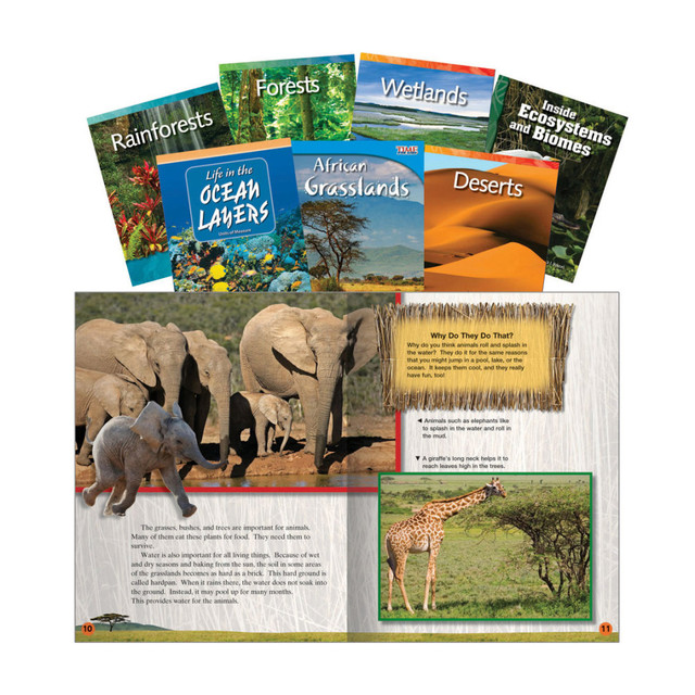 With fascinating information on environments ranging from wetlands to deserts, this book set encourages students to explore their interest in the world around them. The eye-catching graphics help draw young readers in and capture their imaginations, so they keep reading until the end.  Provides a detailed look at a wide range of environments and ecosystems, such as rainforests and oceans.  Colorful photos and graphics grab the attention of young readers.  Designed for students in grade 2, grade 3 and grade 4, with reading levels from 2.5 to 4.7. Lab activities in select books offer fun, hands-on learning opportunities.  7-book set includes titles like Inside Ecosystems and Biomes, Life in the Ocean Layers, African Grasslands, Deserts, Forests, Rainforests and Wetlands.
