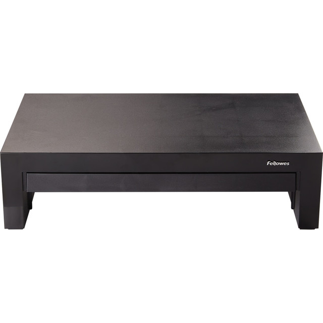 Sliding drawer lets you easily access items  Supports monitors up to 21in or weighing up to 40 lb.  Height adjusts up to 1 5/8in, between 4 3/8in and 6in for customizable viewing. Offers 3 height adjustments to prevent neck and shoulder strain.  Organize essential items in the storage tray, including pens and paper clips. Tray stows away to create a clean, tidy workspace.