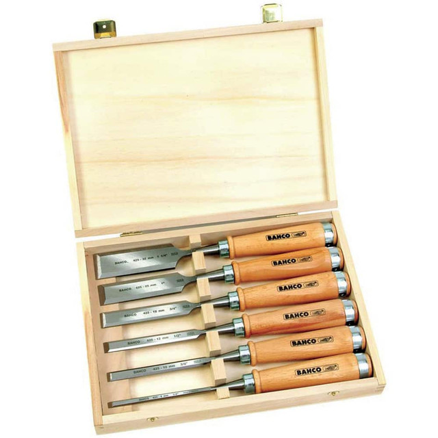 Bahco BAH425-083 Chisel Sets; Set Type: Wood Chisel Set ; Body Material: Steel ; Handle Material: Wood ; Container Type: Box; Wood Block ; Chisel Size: 6 MM; 10 MM; 12 MM; 18 MM; 25 MM; 32 MM ; Tethered: No