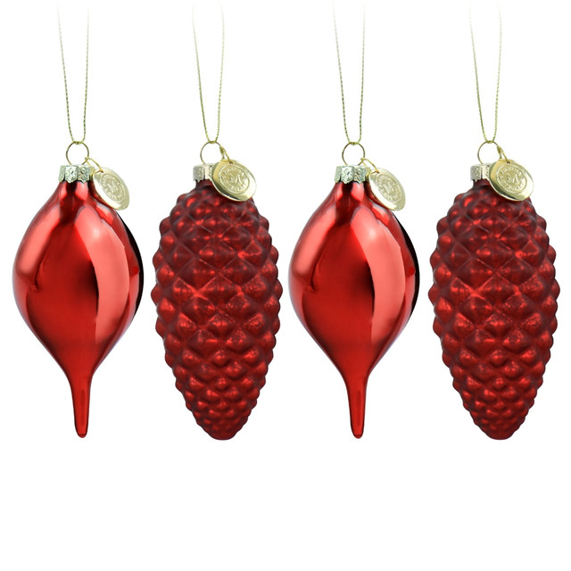 GIBSON OVERSEAS INC. Martha Stewart 995117509M  Holiday Pointy Ball And Pinecone 4-Piece Ornament Set, Red