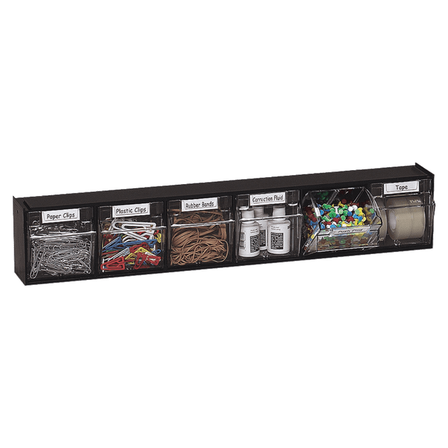 DEFLECT-O CORPORATION 20604OP Deflecto Interlocking Horizontal Tilt Bin, 6 Bins, Small Size, 4 1/2in x 23 5/8in x 3 5/8in, Black/Clear DEFLECT-O CORPORATION 20604OP Deflecto Interlocking Horizontal Tilt Bin, 6 Bins, Small Size, 4 1/2in x 23 5/8in x 3 5/8in, Black/Clear