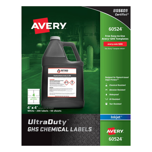 AVERY PRODUCTS CORPORATION 60524 Avery UltraDuty GHS Chemical Waterproof and UV Resistant Labels, 4 x 4, White, 4/Sheet, 50 Sheets/Pack AVERY PRODUCTS CORPORATION 60524 Avery UltraDuty GHS Chemical Waterproof and UV Resistant Labels, 4 x 4, White, 4/Sheet, 50 Sheets/Pack