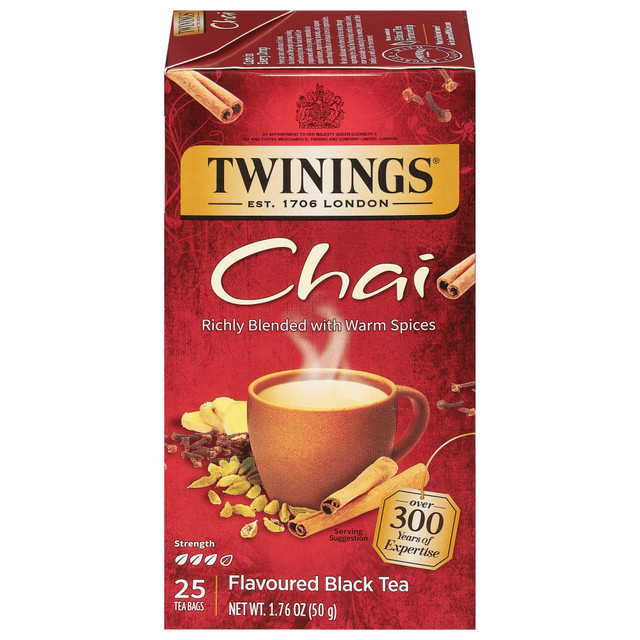 Sweet and savory chai tea gives your morning a boost  Fine black tea is a great addition to any morning meal.  Hints of cinnamon, cardamom, cloves and ginger provide a balance of sweet and spicy flavor.  Tea bags can be prepared quickly and easily.  Non-fat blend for a guilt-free beverage.  Black tea with sweet & savory spice flavors of cinnamon, cardamom, cloves & ginger. Contains 25 bags per box.